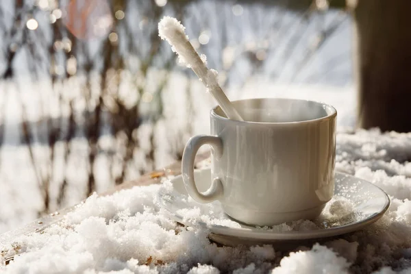 Cup Coffee Shape Heart Snowy Wooden Table Coffee Sunny Winter — Zdjęcie stockowe