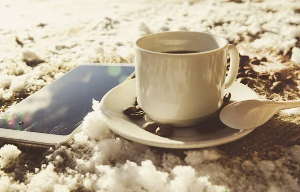 Cup Coffee Shape Heart Snowy Wooden Table Coffee Beans Winter — Zdjęcie stockowe