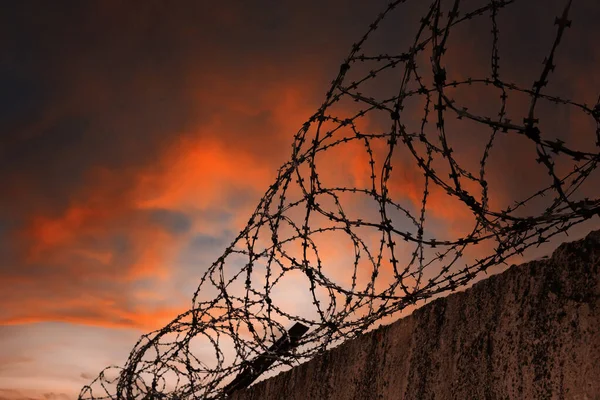 Cárcel Pared Prisión Con Alambre Púas Contra Telón Fondo Del — Foto de Stock