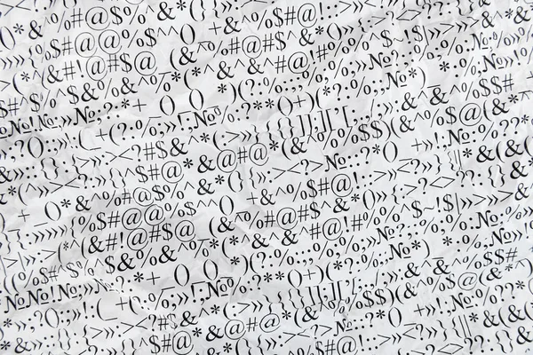 Смятый Лист Бумаги Надписями Цифрами Символами Смятый Бумажный Фон Черно — стоковое фото