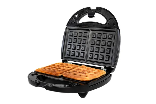 Neue Moderne Waffelmaschine Mit Waffeln Isoliert Auf Weiß Hausgemachtes Backen — Stockfoto