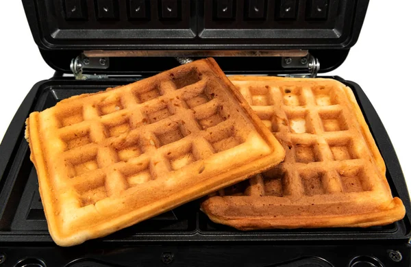 Neue Moderne Waffelmaschine Mit Waffeln Isoliert Auf Weiß Hausgemachtes Backen — Stockfoto