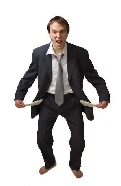 Young man shouts showing his empty pockets — Stock Photo, Image