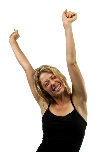 Happy woman stretches — Stock Photo, Image