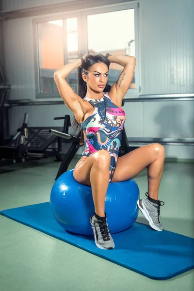 Attractive Brunette Woman Doing Stretching Exercise Yoga Ball Modern Fitness —  Fotos de Stock