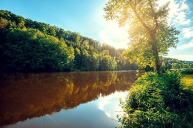 Passau, Aşağı Bavyera ve Ilz nehri üzerinde piknik alanı olan küçük eski Hals köyünde öğleden sonra. Tonu ayarlanmış resim.