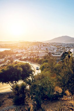 Panoramic view of Gumbet District of Bodrum, mediterranean city in Turkey on aegean coast in sunset. Toned image.