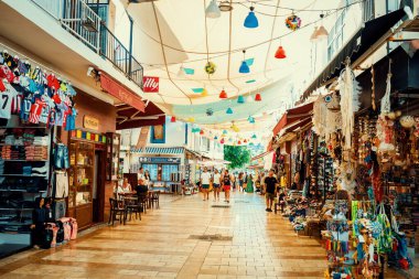 Bodrum, Turkey, 1st August 2022: Walking tour on the streets of centar Bodrum area on Aegean coast of Turkey during summer vacation.