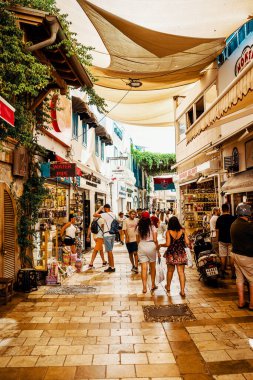 Bodrum, Turkey, 1st August 2022: Walking tour on the streets of centar Bodrum area on Aegean coast of Turkey during summer vacation.