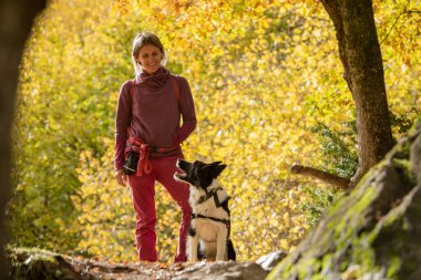 Sonbaharda ormanda güz köpeği olan genç bir kadın yürüyüş kıyafeti giyiyor..