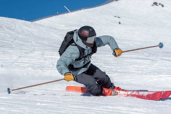 Grandvalira Andorra 2021 December Young Man Skiing Slopes Grandvalira Andorra — Fotografia de Stock