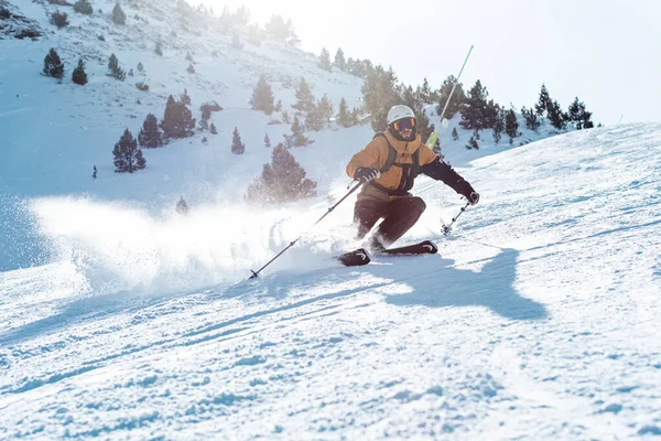 Grandvalira Andorra 2021 December Man Skiing Snowy Mountains Sunny Day — Foto Stock