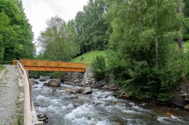 Cami Ral La Massanain 'deki Valira del Orient nehri Andorra' da yaz mevsimi.
