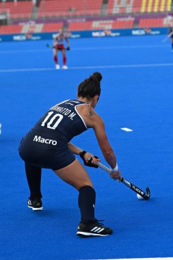 Terrassa, İspanya. 7 Temmuz 2022. Maria Granatto ARG, FIH Hokey Kadınlar Dünya Kupası 2022 'de Arjantin - Kanada saha hokeyi maçında.