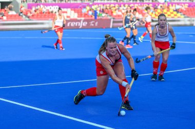 Terrassa, İspanya. 7 Temmuz 2022. FIH Hokey Kadınlar Dünya Kupası 2022 Dünya Kupası 'nda Arjantin - Kanada saha hokeyi maçında yer alan oyuncular.