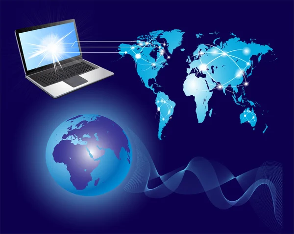 Globális kommunikáció, a világtérképen és a számítógép — Stock Fotó