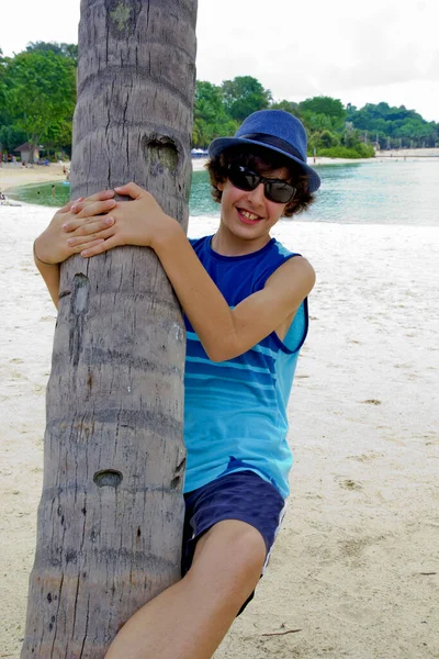 Cute Boy Smiling Camera Beach Sentosa Island — Stock Fotó