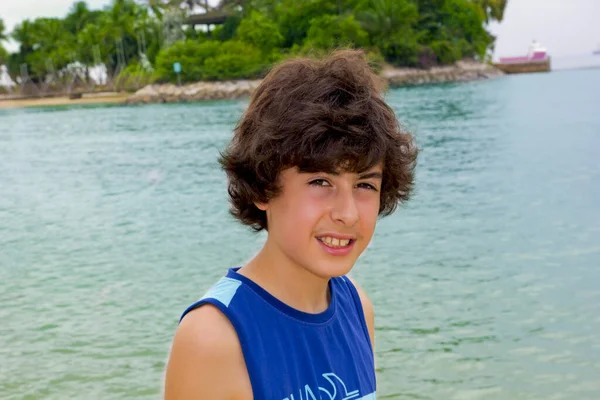 Cute Boy Smiling Camera Beach —  Fotos de Stock