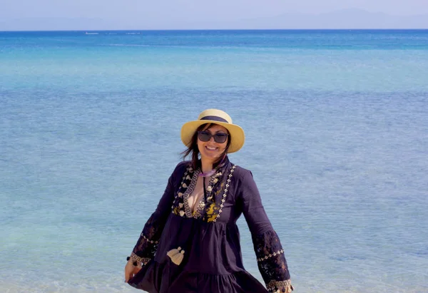 Beautiful Young Woman Hat Beach Turkey — Foto de Stock
