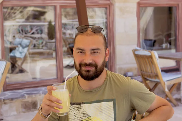 Handsome Man Sunglasses Drinking Beverage — Stockfoto