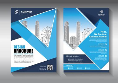 Broşür tasarımı, modern tasarım, yıllık rapor, poster, renkli üçgenleri olan A4 broşürü, teknoloji, bilim ve ışık arka planlı geometrik şekiller.