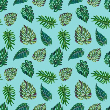 Jungle tropical green plants as monstera and palm tree leaves found in southern hot climates as south America Hawaii and Asia seamless pattern 