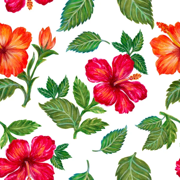 Hand Painting Seamless Background Pattern Inspired Tropical Houseplants Hibiscus Flower — Foto Stock