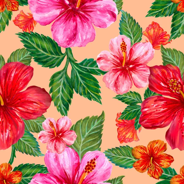 Hand Painting Seamless Background Pattern Inspired Tropical Houseplants Hibiscus Flower — Fotografia de Stock