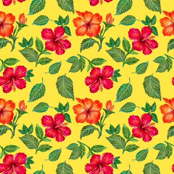 Watercolor hibiscus colorful botanical flowers, leaves, foliage, garland , tropical exotic jungle seamless repeat pattern Hand drawn