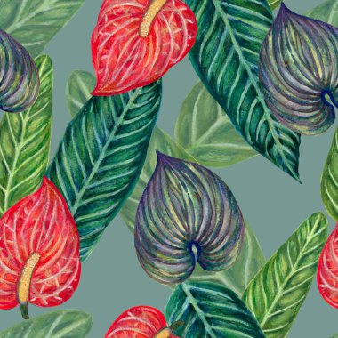 Hand painting seamless background pattern inspired by anthurium and caladium and peace lily flower and pothos watercolor illustration
