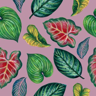 Anthurium, Caladium, Tropical  leaves, branches foliage seamless pattern illustration watercolor hand paint For design textiles, paper, wallpaper, backdrop