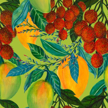 Seamless pattern with fresh bright exotic mango rambutan Summer fruits Organic botanical illustration for textile fabric texture paper wrapping illustration