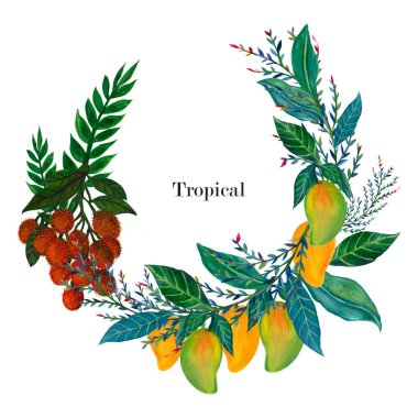 Set of fresh mango and rambutan greeting template wreath circle  isolated on white background watercolor illustration hand painting 