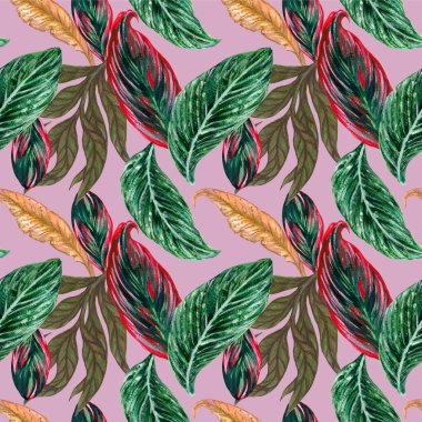 Watercolor illustration Botanical tropical indoor outdoor houseplants seamless pattern repeat hand painted