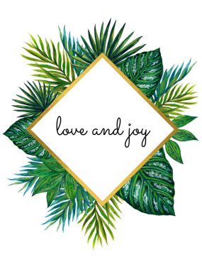 Template border frame  label banner greeting gold color and botanical painforest houseplants tropical leaves on white background