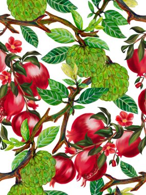 Vintage watercolor gouache and digital clupart pomegranate custard apple botanical leaves floral foliage repeat pattern for wallpaper, fabric, wrapping, card hand paint