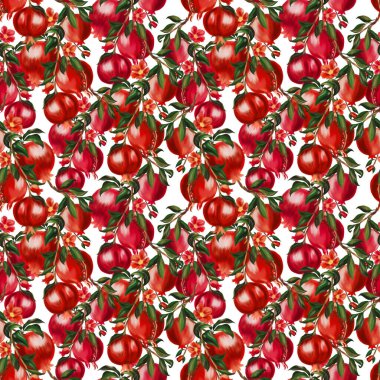 Hand painting seamless repeat pattern background inspired pomegranate plants flower blooming watercolor illustration