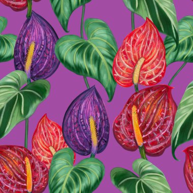 Anthurium plants, flowers, leaves, branches foliage seamless pattern illustration watercolor hand paint For design textiles, paper, wallpaper, backdrop