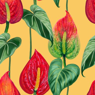 Anthurium plants, flowers, leaves, branches foliage seamless pattern illustration watercolor hand paint For design textiles, paper, wallpaper, backdrop