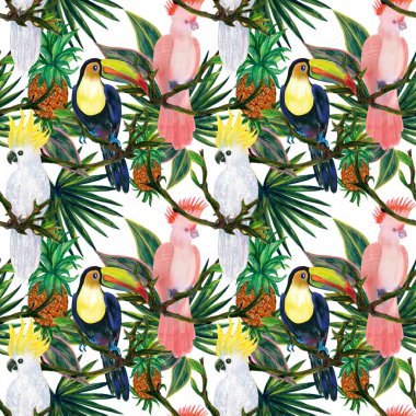 Exotic beach trendy seamless pattern, patchwork illustration tropical leaves. Jungle cockatoo toucan Wallpaper print background 