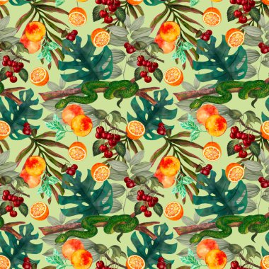 Snake with fruit plants foliage monstera leaf seamless pattern illustration