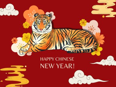 Greeting invitation card template realistic tiger and abstract plum, cherry, sakura blossom blooming cloud template on deep red background   