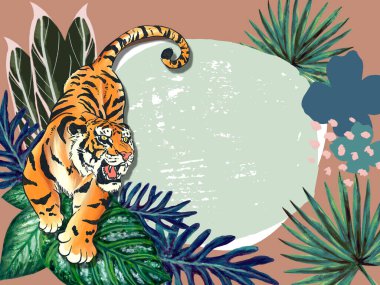 Greeting invitation card template realistic tiger in the tropical leaf exotic jungle on the trendy modern for print poster, postcard 