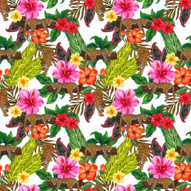 Jungle, animals exotic illustrations of tiger leopard, palm leaves, banana leaves, tropical leaves, hibiscus flowers and branch foliage Drawings for print, poster, background and cover
