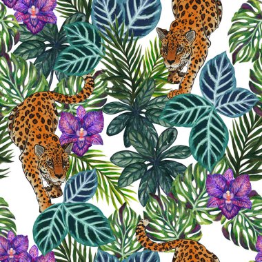 Jungle, animals exotic illustrations of tiger leopard, palm leaves, banana leaves, tropical leaves, orchid purple violet color and branch foliage Drawings for print, fashion background 