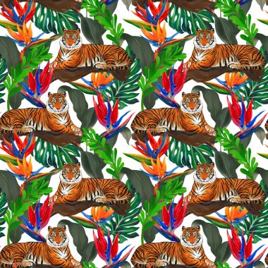 Watercolor tropical seamless pattern. Bird of paradise monstera leaves foliage and wild animals tiger texture for print wrapping fabric