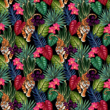 Watercolor tropical seamless pattern. orchid flower, palm, oxalis leaves jungle exotic foliage and wild animals tiger texture for colorful fabric fashion