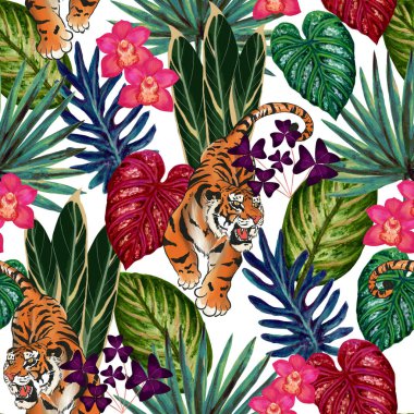 Watercolor tropical seamless pattern. orchid flower, palm, oxalis leaves jungle exotic foliage and wild animals tiger texture for colorful fabric fashion