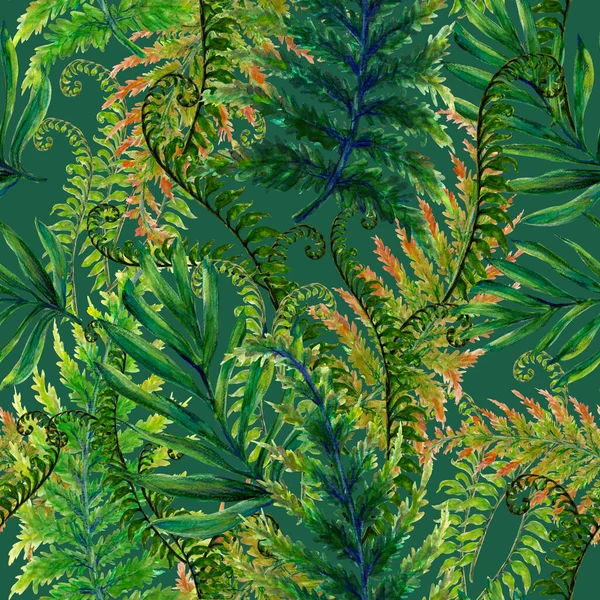 Watercolor Gouache Branches Leaves Hand Drawn Illustration Tropical Rainforest Seamless — Zdjęcie stockowe