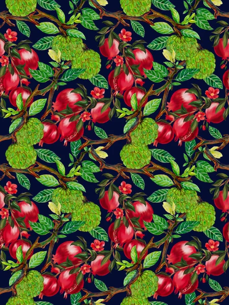 Vintage Watercolor Gouache Digital Clupart Pomegranate Custard Apple Botanical Leaves — Fotografia de Stock